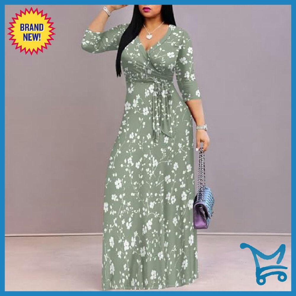 Plus Size Maxi Dress Flowy 3/4 Sleeve with Belt Polyester Stretchy - Picture 6 of 7